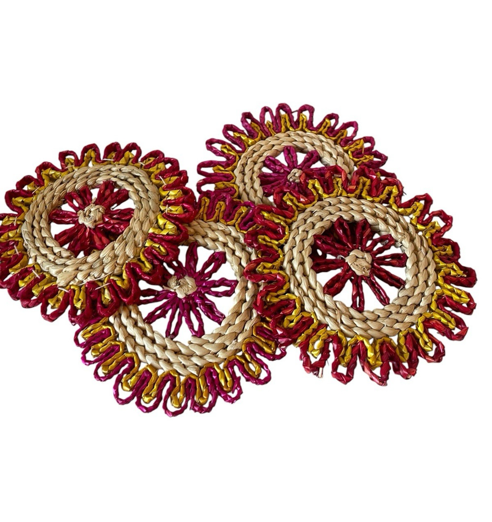 Vintage Colorful Woven Straw Coasters Set of 4 Raffia Floral Hot Pad Fuschia